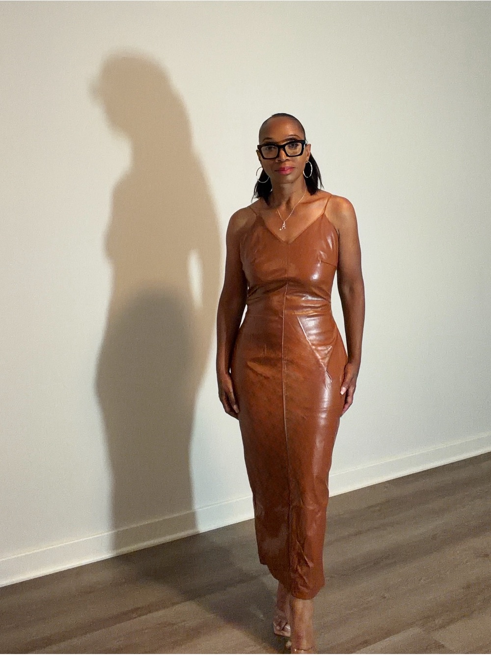 Brown Faux Leather Midi Dress